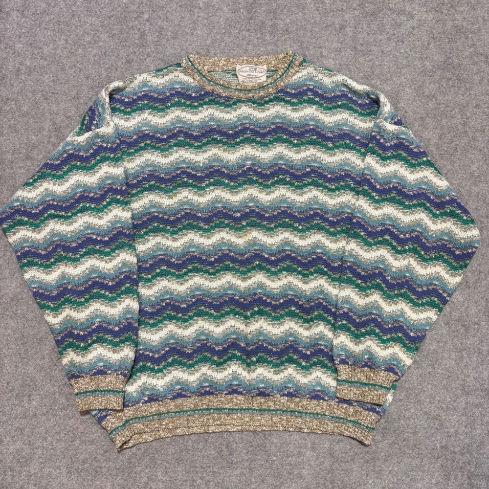 Pronto Uomo Saks Fifth Avenue Vintage Chevron Knit Sweater Mens XL Blue Green